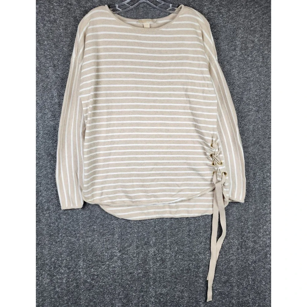 Michael Kors Striped Sweater Womens Medium Tan White Side Lace Up Gold Grommet